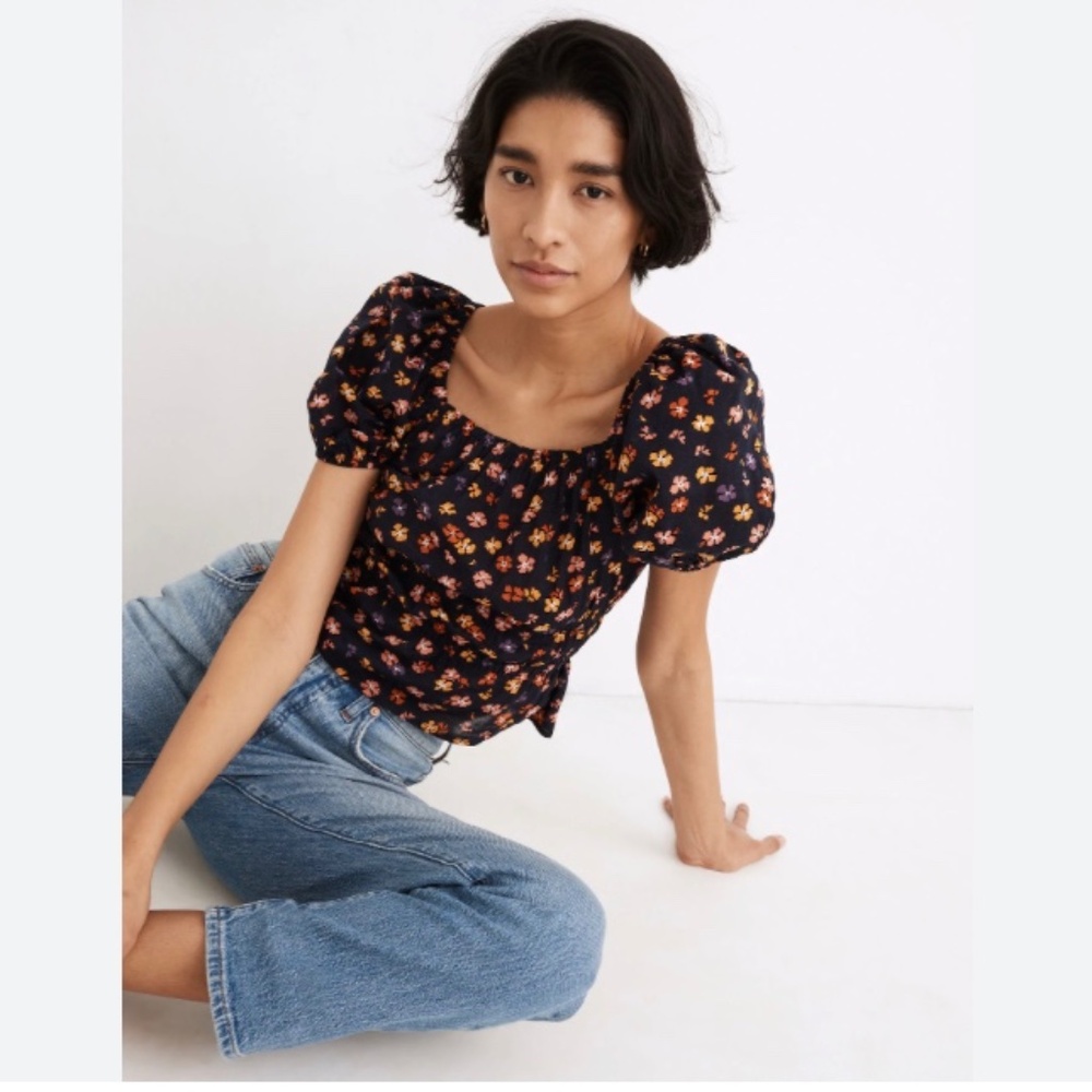 Madewell Smocked-Waist Crop Top in Aloha Floral in Small Aloha Dark Baltic